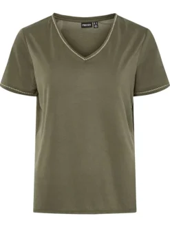 T-shirt kaki à coupe droite pourvu d'un col v et de manches courtes