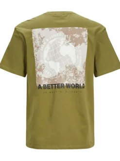 T-shirt kaki en coton mélangé avec un coupe droite et un imprimé dorsal