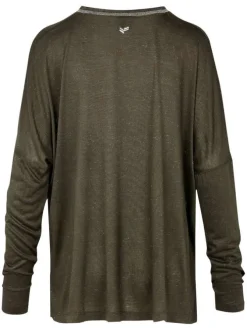 T-shirt kaki en maille dévorée à coupe ample col v et à manches longues