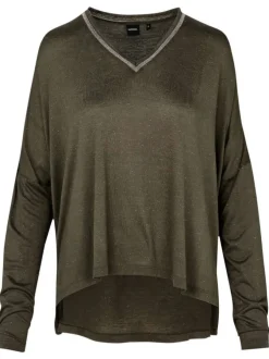 T-shirt kaki en maille dévorée à coupe ample col v et à manches longues
