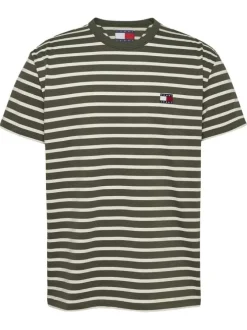 T-shirt kaki rayé en coton avec logo iconique sur la poitrine avec un col rond