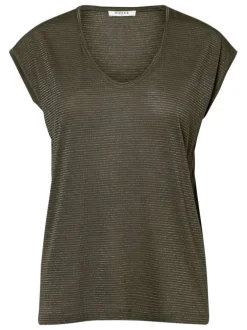 T-shirt kaki rayé en lurex argenté coupe droite et col rond profond