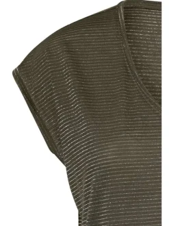 T-shirt kaki rayé en lurex argenté coupe droite et col rond profond
