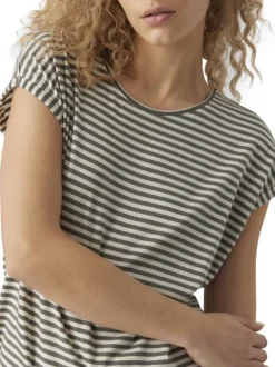 T-shirt kaki à rayures horizontales avec une coupe droite et un col rond