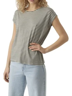 T-shirt kaki à rayures horizontales avec une coupe droite et un col rond