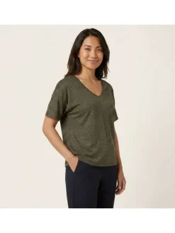T-shirt kaki à rayures pourvu de manches courtes et d'une coupe large