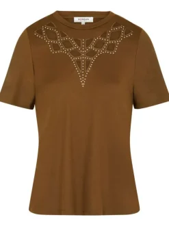 T-shirt kaki strass à coupe droite col rond et à manches courtes
