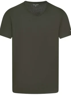 T-shirt kaki uni avec une coupe droite col v et des manches courtes
