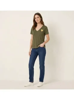 T-shirt kaki uni avec une coupe droite et un coeur imprimé à la poitrine