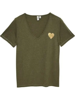 T-shirt kaki uni avec une coupe droite et un coeur imprimé à la poitrine