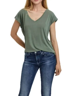 T-shirt kaki uni avec une coupe régular col v à manches courtes et coutures ton sur ton