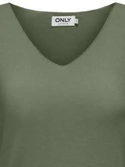 T-shirt kaki uni coupe droite avec col v et des manches courtes