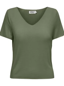 T-shirt kaki uni coupe droite avec col v et des manches courtes