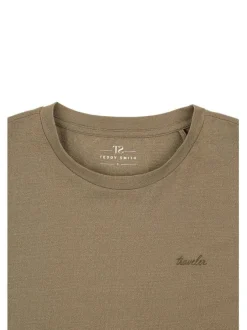 T-shirt kaki uni coupe droite à col rond avec manches courtes et broderie