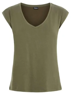 T-shirt kaki uni coupe droite col v à manches courtes