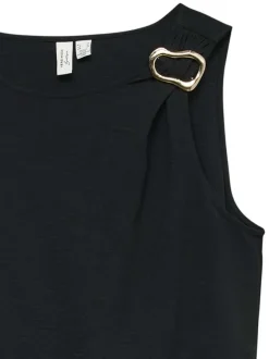 T-shirt léger noir uni avec col rond et effet drapé sur une épaule
