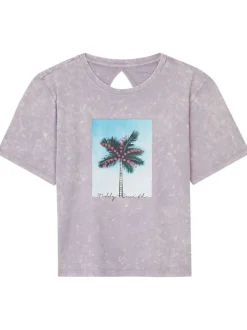 T-shirt lilas chiné avec palmier floqué à la poitrine en coton à col rond et manches courtes