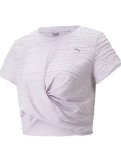 T-shirt lilas uni coupe régular avec un col rond et un effet noué sur le devant
