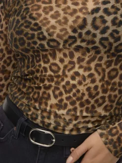 T-shirt léopard en tulle fin avec un col rond et des manches longues