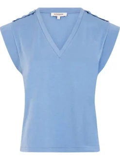 T-shirt manches courtes bleu-gris uni à coupe droite avec épaulettes et un col v