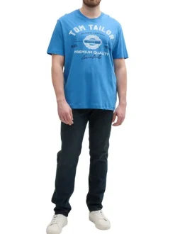 T-shirt manches courtes bleu imprimé blanc en coton à coupe droite et col rond