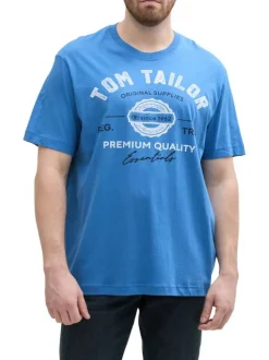 T-shirt manches courtes bleu imprimé blanc en coton à coupe droite et col rond