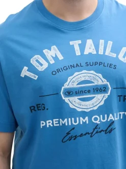 T-shirt manches courtes bleu imprimé blanc en coton à coupe droite et col rond
