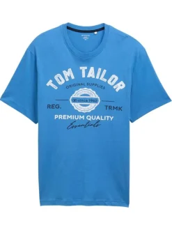 T-shirt manches courtes bleu imprimé blanc en coton à coupe droite et col rond