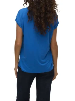 T-shirt manches courtes bleu uni avec une coupe droite et un col v