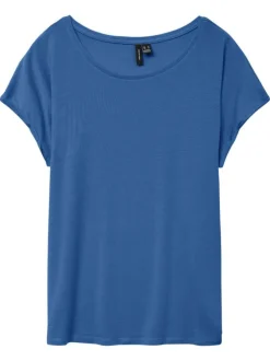T-shirt manches courtes bleu uni avec une coupe droite et un col v
