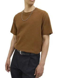T-shirt à manches courtes camel uni avec une coupe droite et un col rond