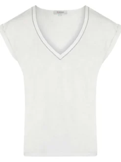 T-shirt manches courtes écru à coupe droite et col v avec liserés métallisés