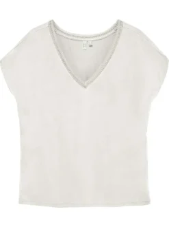 T-shirt manches courtes écru uni avec une coupe droite et un col v