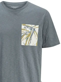 T-shirt manches courtes droit en coton gris à imprimé floral vert avec col rond