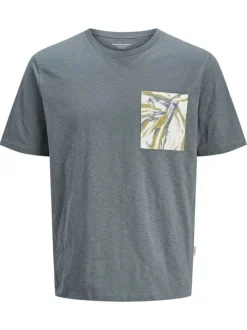 T-shirt manches courtes droit en coton gris à imprimé floral vert avec col rond