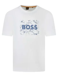 T-shirt manches courtes en coton blanc imprimé à coupe droite avec un col rond