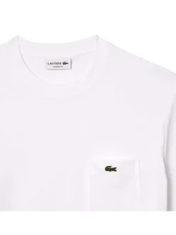 T-shirt manches courtes en coton blanc uni avec col rond, poche et logo brodé