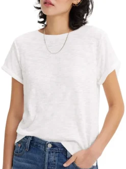 T-shirt manches courtes en coton blanc uni à coupe droite avec col rond