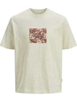 T-shirt manches courtes en coton écru avec logo imprimé, col rond, coupe droite