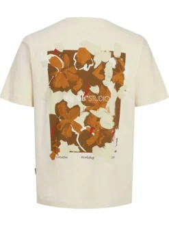 T-shirt manches courtes en coton écru à coupe ample avec fleurs imprimées au dos