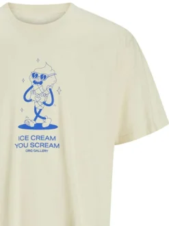 T-shirt manches courtes en coton écru imprimé à coupe loose avec col rond