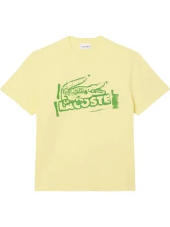 T-shirt manches courtes en coton jaune imprimé à coupe droite avec un col rond
