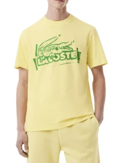 T-shirt manches courtes en coton jaune imprimé à coupe droite avec un col rond