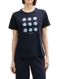 T-shirt manches courtes en coton marine à imprimé floral avec un col rond