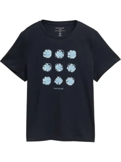 T-shirt manches courtes en coton marine à imprimé floral avec un col rond