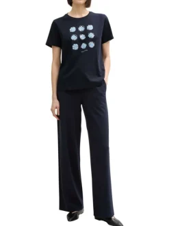 T-shirt manches courtes en coton marine à imprimé floral avec un col rond