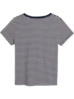 T-shirt manches courtes en coton marine rayé à coupe droite avec col v