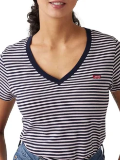 T-shirt manches courtes en coton marine rayé à coupe droite avec col v
