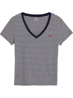 T-shirt manches courtes en coton marine rayé à coupe droite avec col v