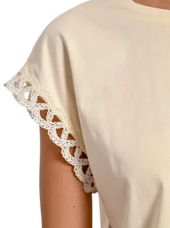 T-shirt manches courtes en coton mélangé écru uni à coupe droite et col rond